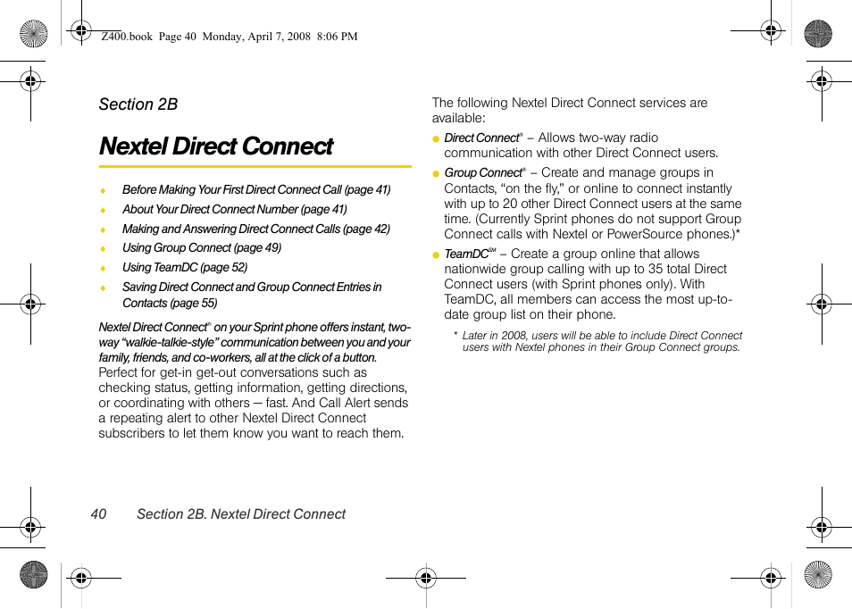 Nextel direct connect, 2b. nextel direct connect | Samsung Z400 User Manual | Page 56 / 213