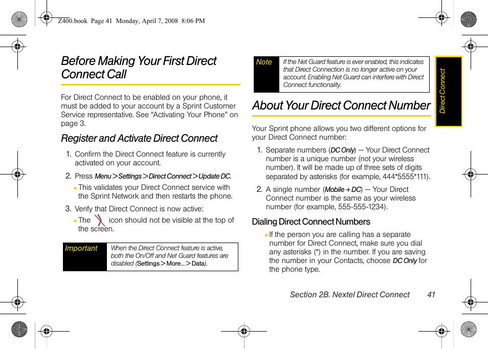 Before making your first direct connect call, Register and activate direct connect, About your direct connect number | Before making your first direct connect call . 41 | Samsung Z400 User Manual | Page 57 / 213
