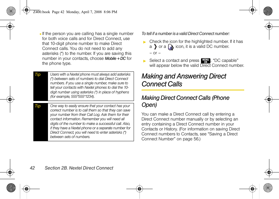 Making and answering direct connect calls, Making direct connect calls (phone open) | Samsung Z400 User Manual | Page 58 / 213