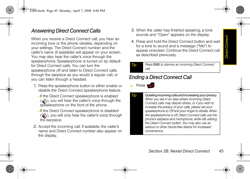 Answering direct connect calls, Ending a direct connect call | Samsung Z400 User Manual | Page 61 / 213