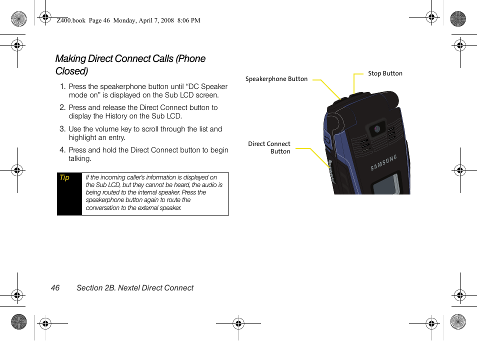 Making direct connect calls (phone closed) | Samsung Z400 User Manual | Page 62 / 213