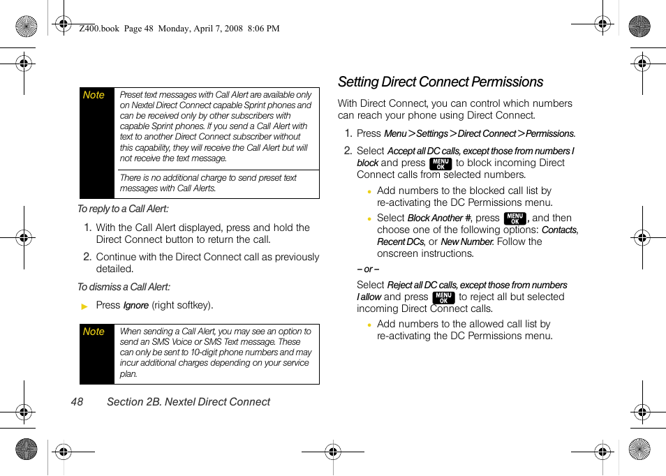Setting direct connect permissions | Samsung Z400 User Manual | Page 64 / 213