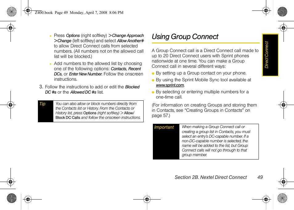 Using group connect | Samsung Z400 User Manual | Page 65 / 213