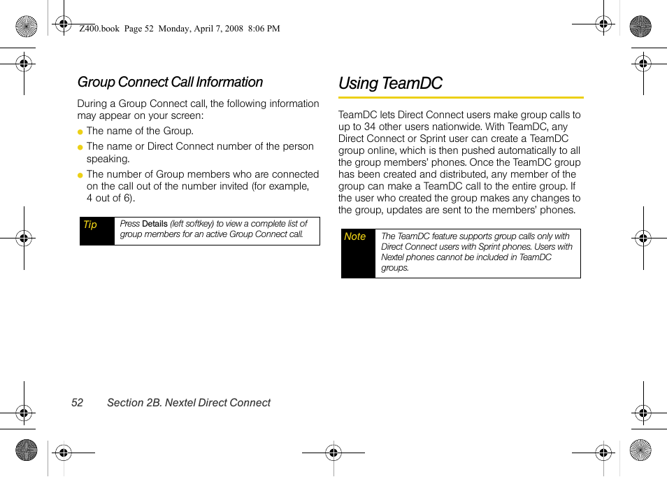 Group connect call information, Using teamdc | Samsung Z400 User Manual | Page 68 / 213