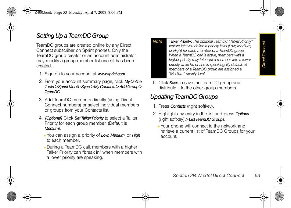Setting up a teamdc group, Updating teamdc groups | Samsung Z400 User Manual | Page 69 / 213