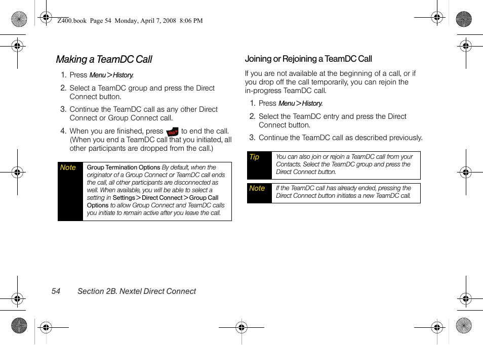 Making a teamdc call | Samsung Z400 User Manual | Page 70 / 213