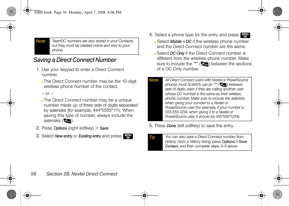 Saving a direct connect number | Samsung Z400 User Manual | Page 72 / 213