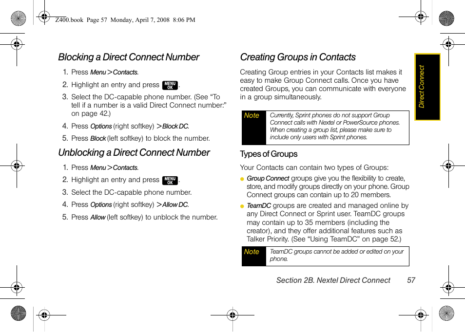 Blocking a direct connect number, Unblocking a direct connect number, Creating groups in contacts | Samsung Z400 User Manual | Page 73 / 213