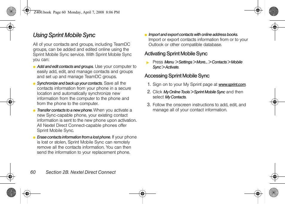 Using sprint mobile sync | Samsung Z400 User Manual | Page 76 / 213