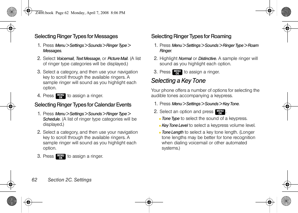 Selecting a key tone | Samsung Z400 User Manual | Page 78 / 213
