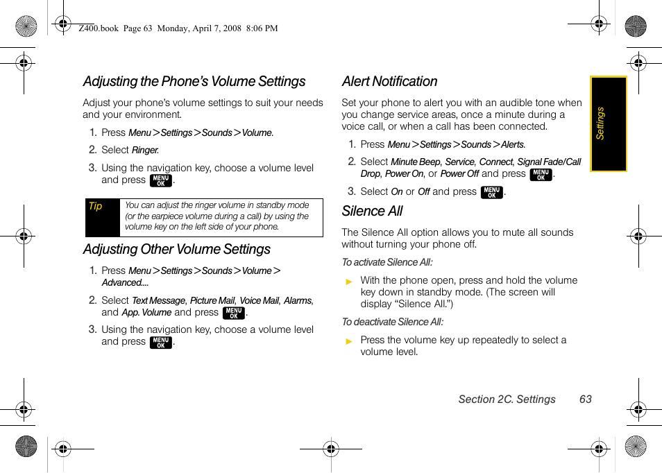 Adjusting the phone’s volume settings, Adjusting other volume settings, Alert notification | Silence all | Samsung Z400 User Manual | Page 79 / 213