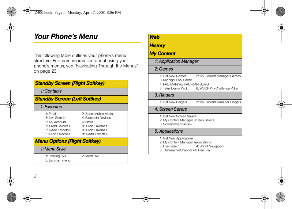 Your phone’s menu, Standby screen (right softkey), Standby screen (left softkey) | Menu options (right softkey), Web history my content | Samsung Z400 User Manual | Page 8 / 213