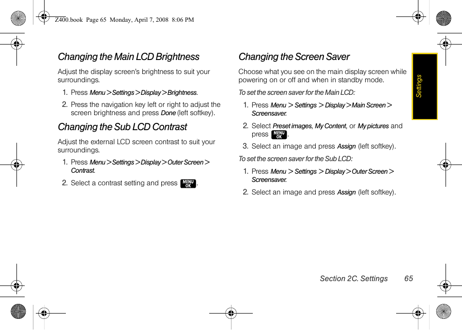 Changing the main lcd brightness, Changing the sub lcd contrast, Changing the screen saver | Samsung Z400 User Manual | Page 81 / 213