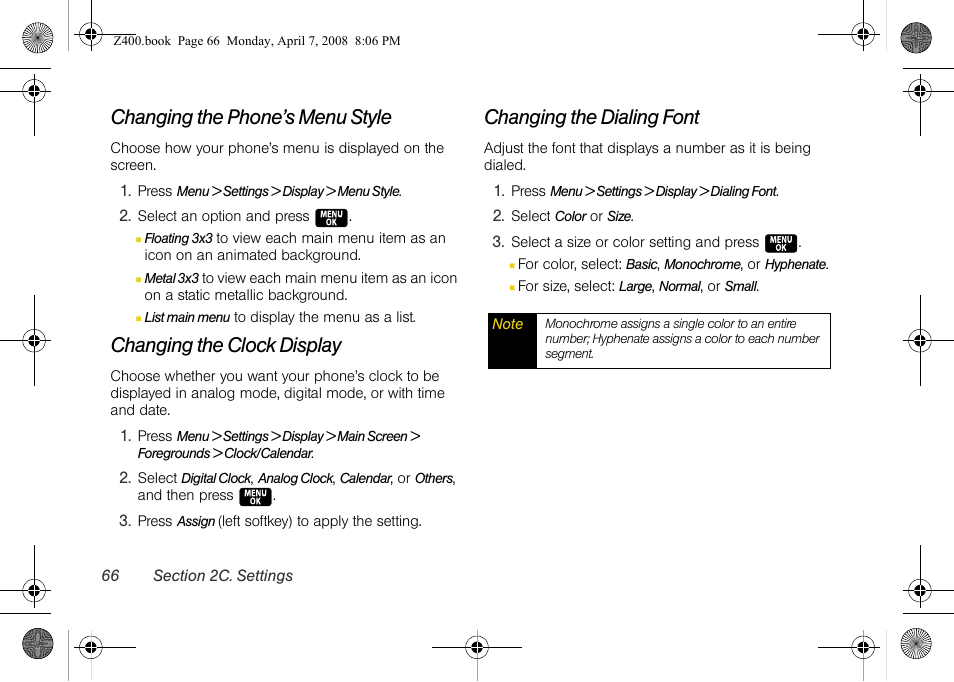 Changing the phone’s menu style, Changing the clock display, Changing the dialing font | Samsung Z400 User Manual | Page 82 / 213