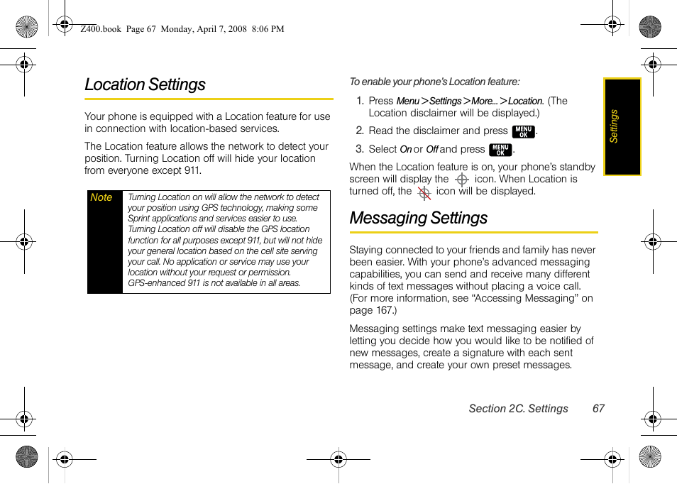 Location settings, Messaging settings | Samsung Z400 User Manual | Page 83 / 213