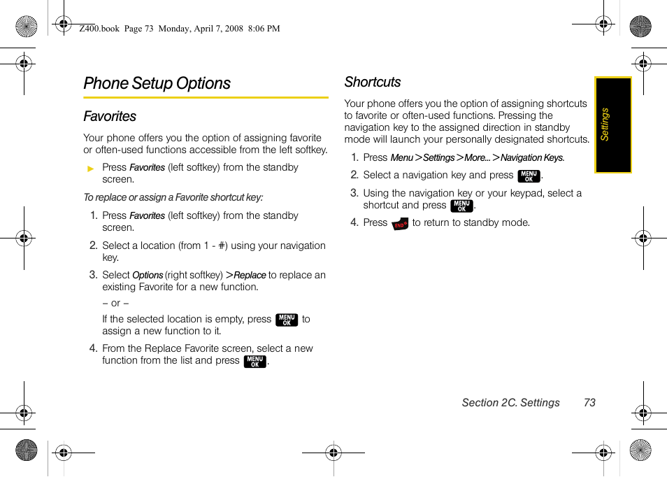 Phone setup options, Favorites, Shortcuts | Samsung Z400 User Manual | Page 89 / 213