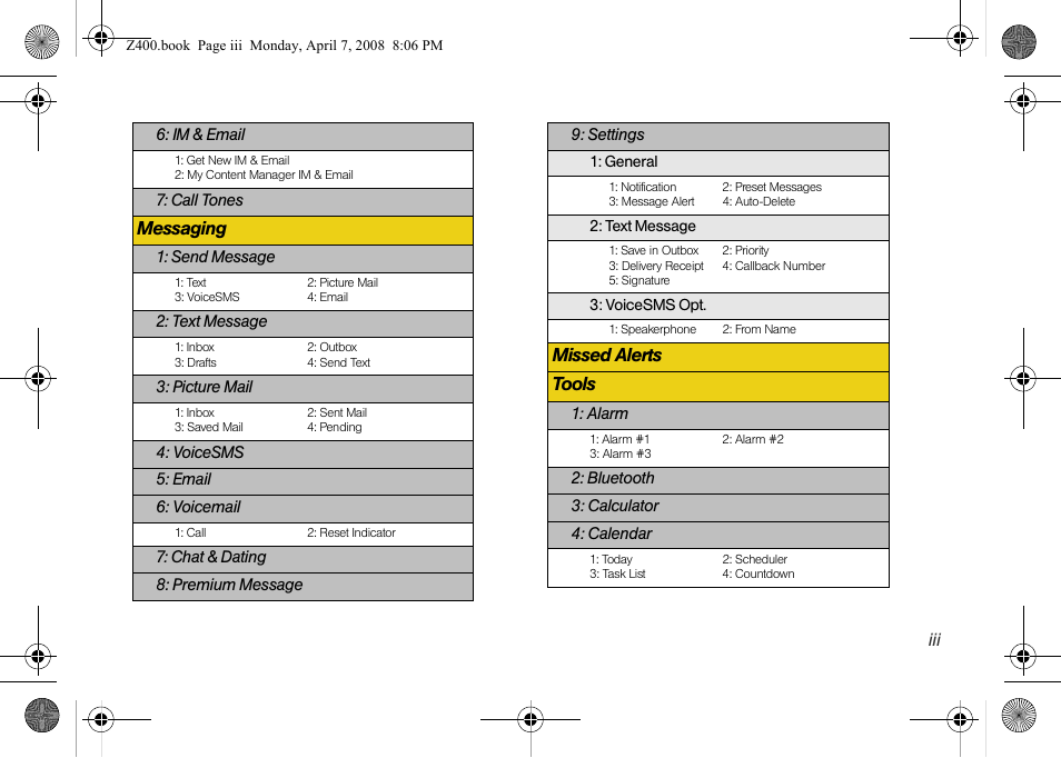 Messaging, Missed alerts tools | Samsung Z400 User Manual | Page 9 / 213