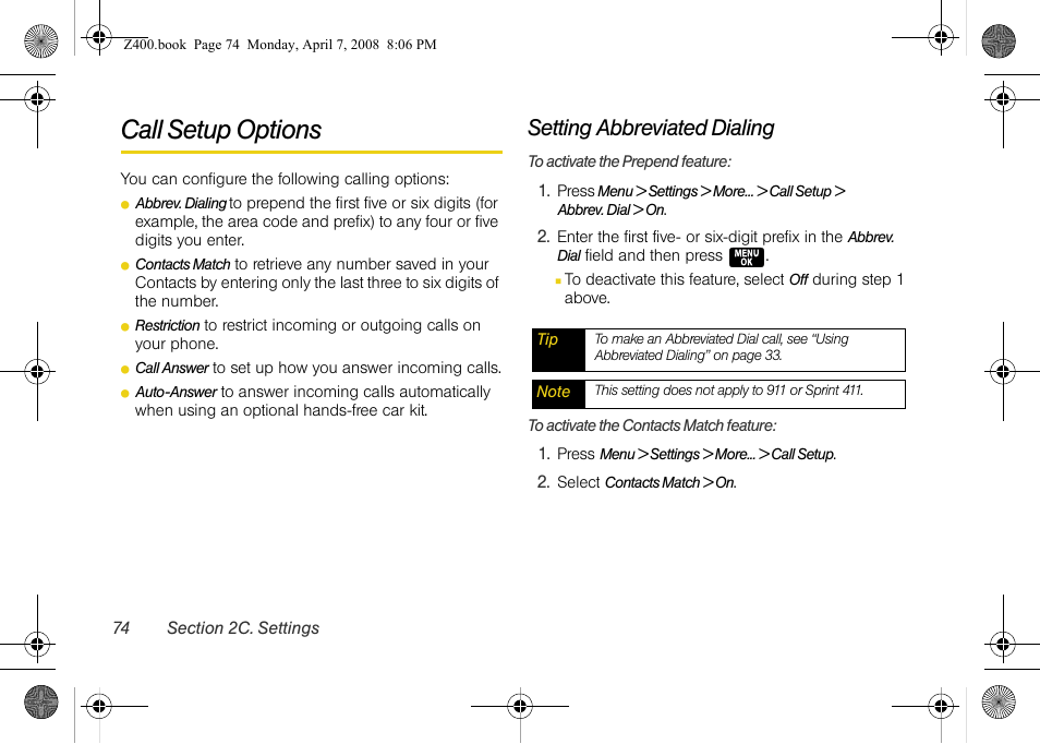 Call setup options, Setting abbreviated dialing | Samsung Z400 User Manual | Page 90 / 213