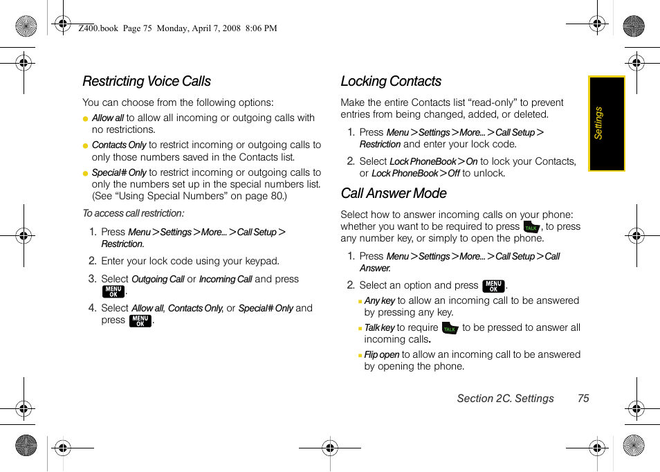 Restricting voice calls, Locking contacts, Call answer mode | Samsung Z400 User Manual | Page 91 / 213