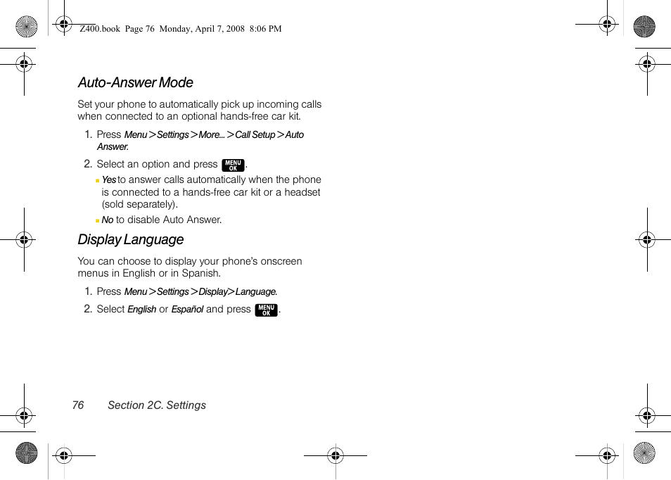 Auto-answer mode, Display language | Samsung Z400 User Manual | Page 92 / 213