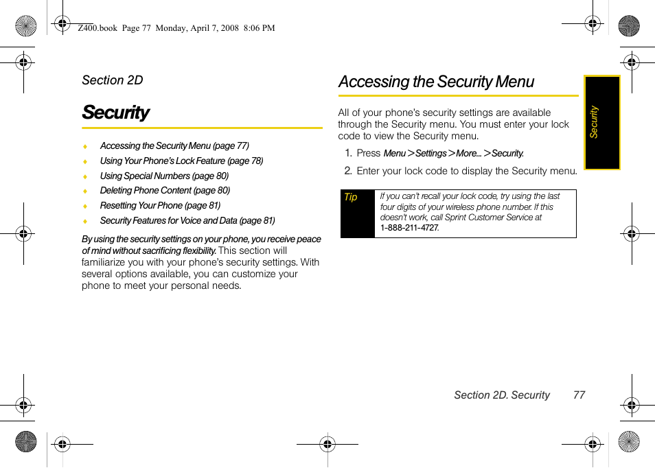 Security, Accessing the security menu, 2d. security | Samsung Z400 User Manual | Page 93 / 213