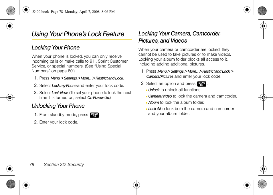 Using your phone’s lock feature, Locking your phone, Unlocking your phone | Samsung Z400 User Manual | Page 94 / 213