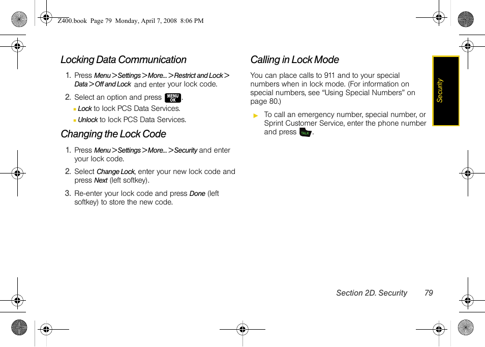 Locking data communication, Changing the lock code, Calling in lock mode | Samsung Z400 User Manual | Page 95 / 213