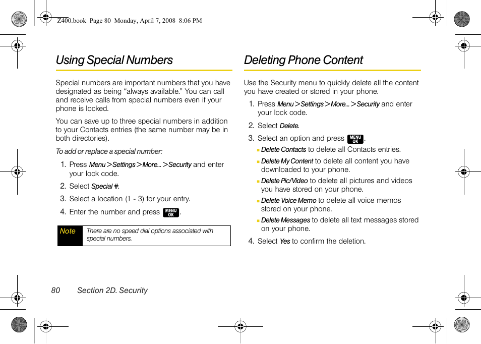 Using special numbers, Deleting phone content | Samsung Z400 User Manual | Page 96 / 213