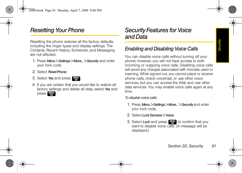 Resetting your phone, Security features for voice and data, Enabling and disabling voice calls | Security features for voice, And data | Samsung Z400 User Manual | Page 97 / 213