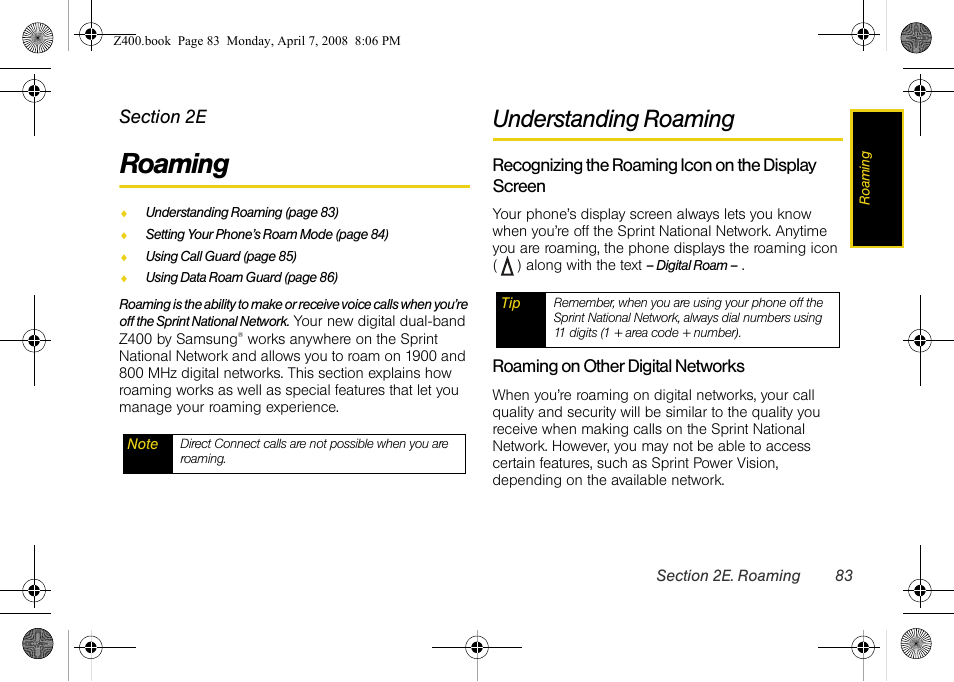 Roaming, Understanding roaming, 2e. roaming | Samsung Z400 User Manual | Page 99 / 213