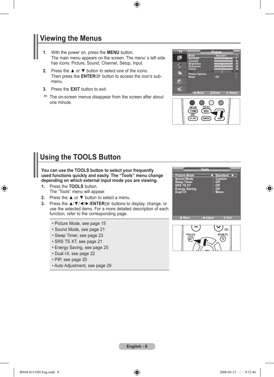 Viewing the menus, Using the tools button, Viewing the menus using the tools button | Samsung BN68-01518H-00 User Manual | Page 10 / 177