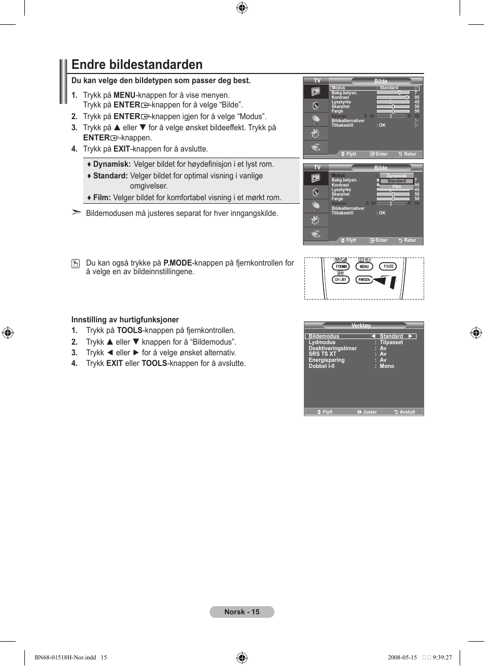 Endre bildestandarden | Samsung BN68-01518H-00 User Manual | Page 122 / 177