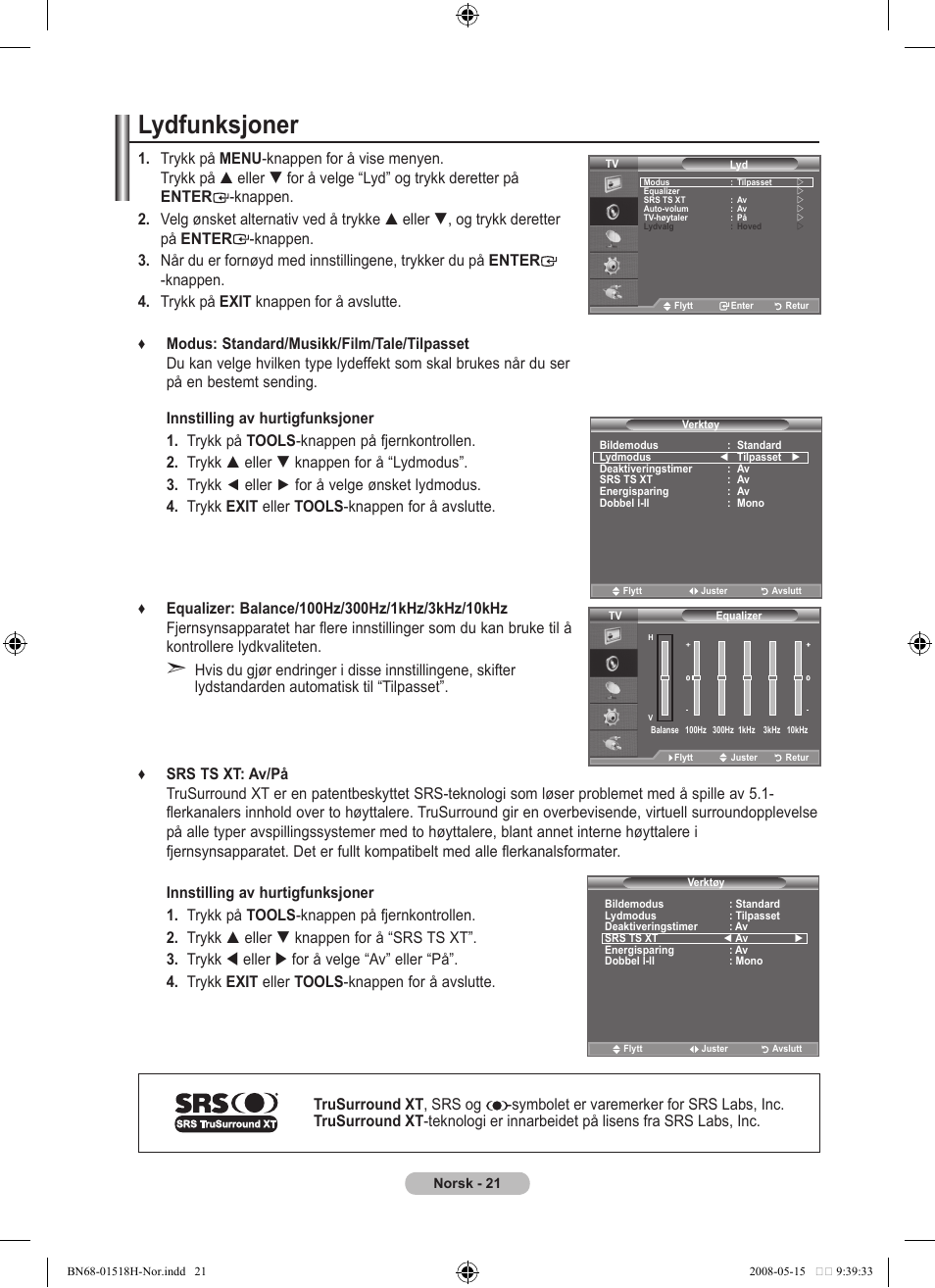 Lydfunksjoner | Samsung BN68-01518H-00 User Manual | Page 128 / 177