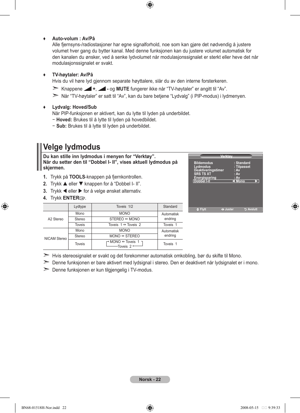 Velge lydmodus | Samsung BN68-01518H-00 User Manual | Page 129 / 177