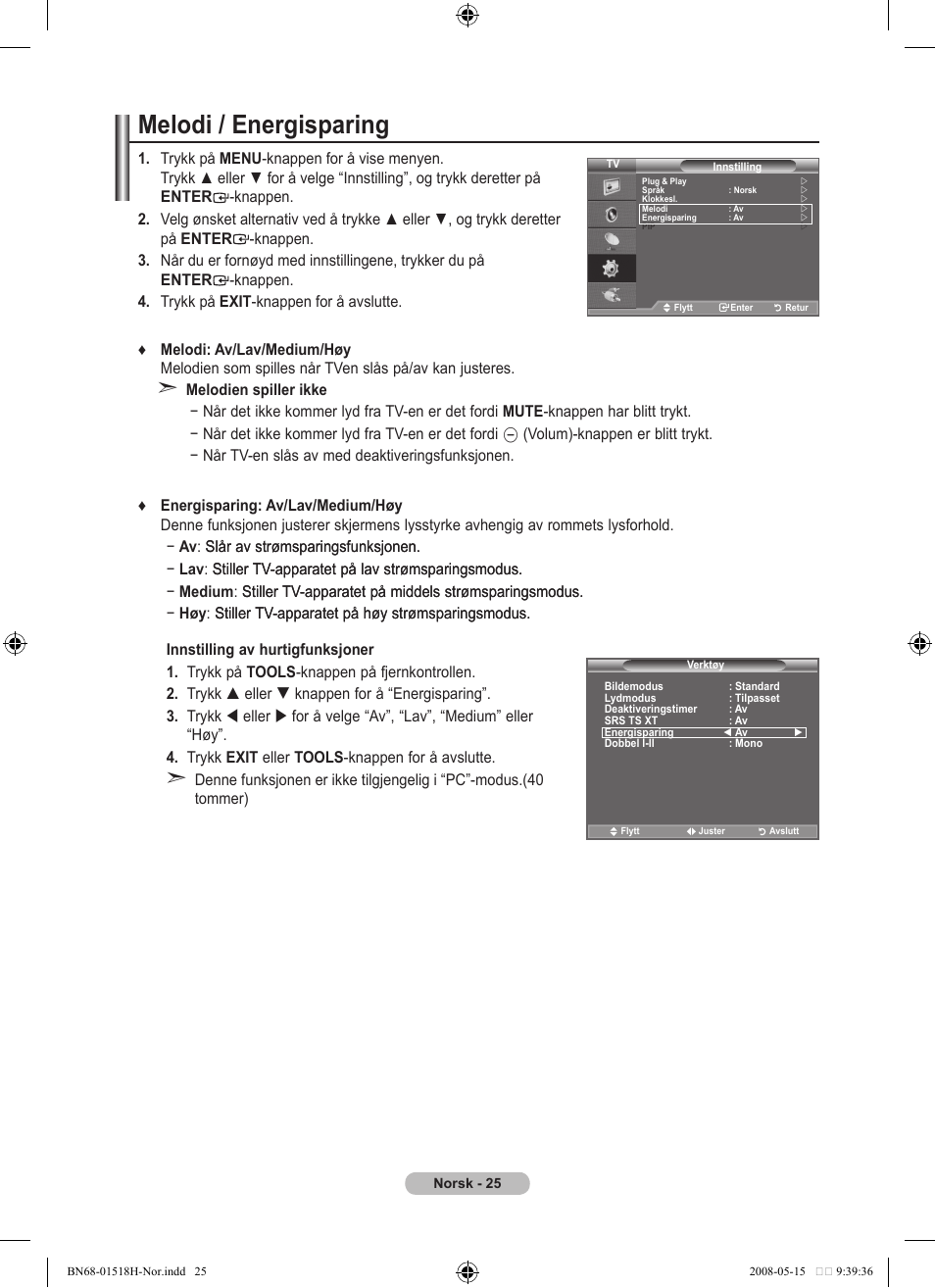 Melodi / energisparing | Samsung BN68-01518H-00 User Manual | Page 132 / 177
