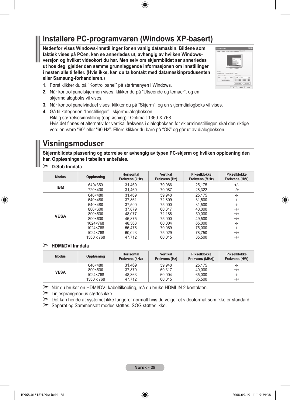 Installere pc-programvaren (windows xp-basert), Visningsmoduser | Samsung BN68-01518H-00 User Manual | Page 135 / 177