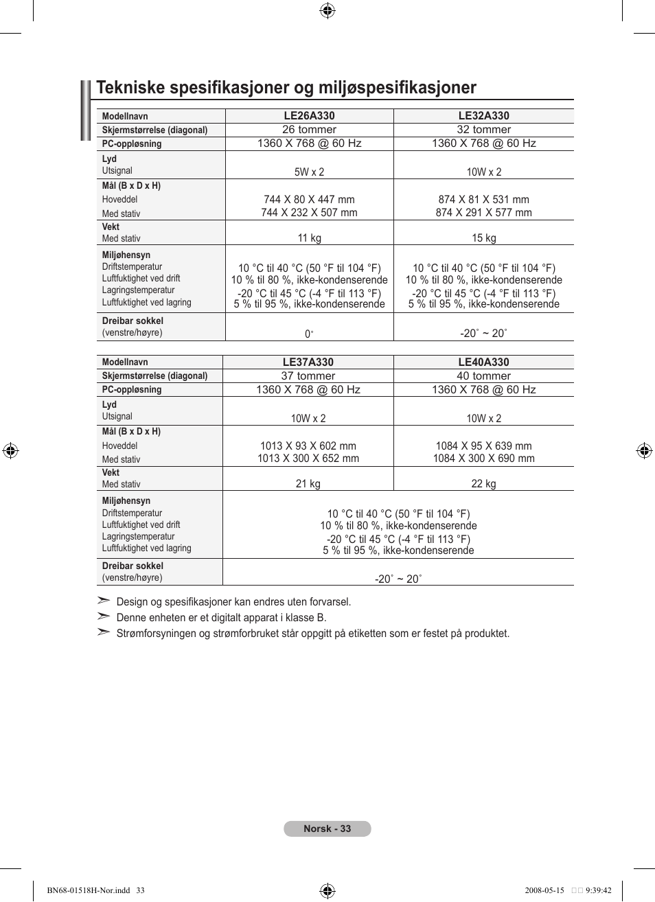 Tekniske spesifikasjoner og miljøspesifikasjoner | Samsung BN68-01518H-00 User Manual | Page 140 / 177