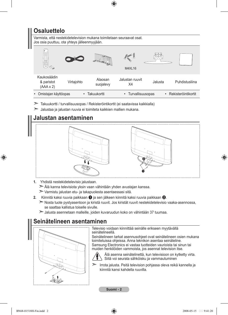 Osaluettelo, Seinätelineen asentaminen, Jalustan asentaminen | Samsung BN68-01518H-00 User Manual | Page 144 / 177