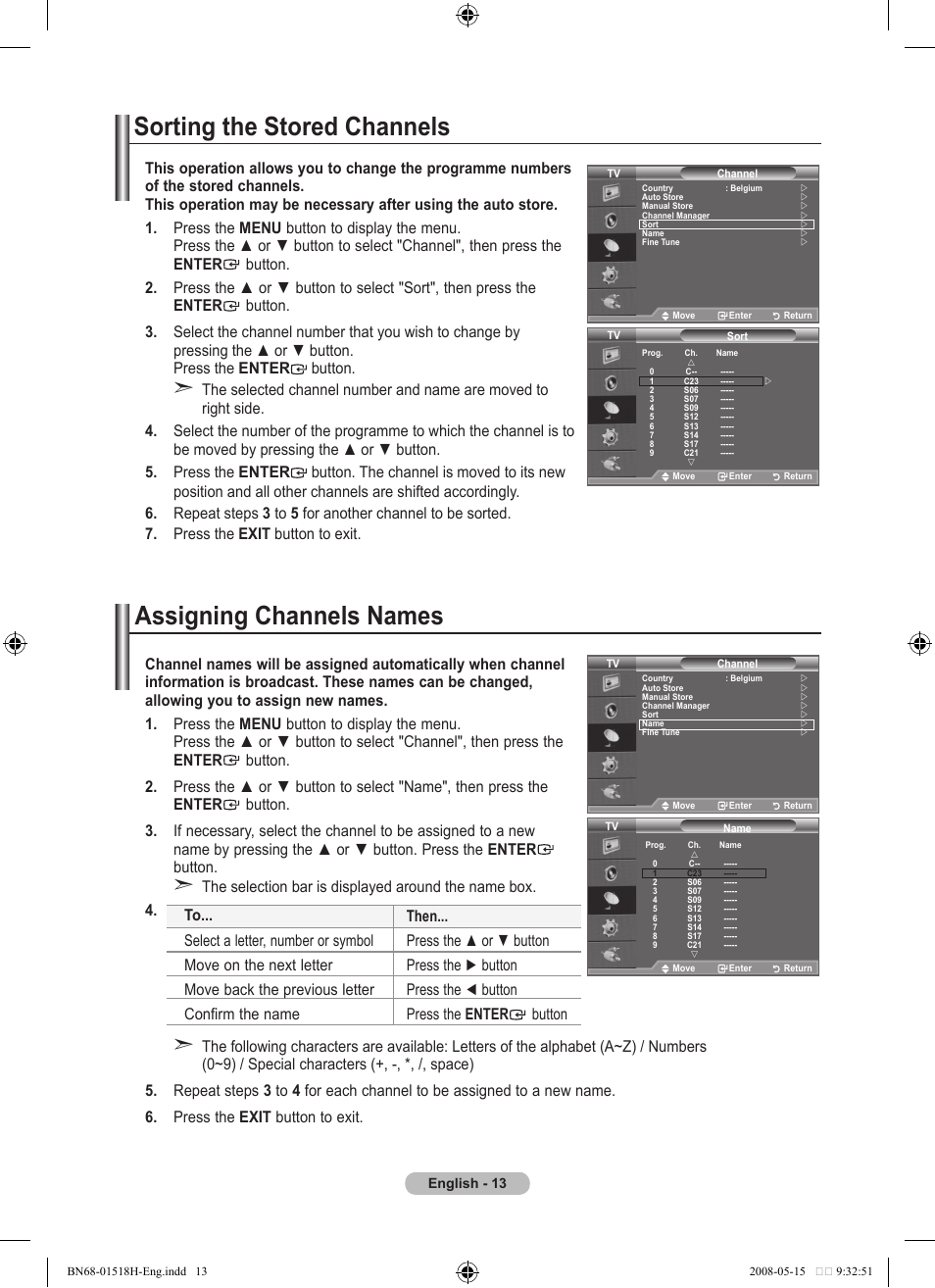 Sorting the stored channels, Assigning channels names | Samsung BN68-01518H-00 User Manual | Page 15 / 177