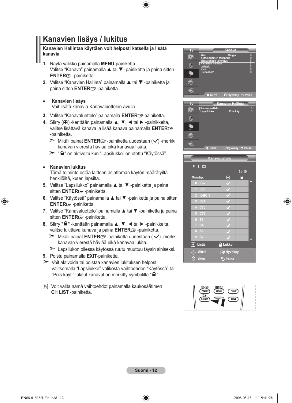 Kanavien lisäys / lukitus | Samsung BN68-01518H-00 User Manual | Page 154 / 177