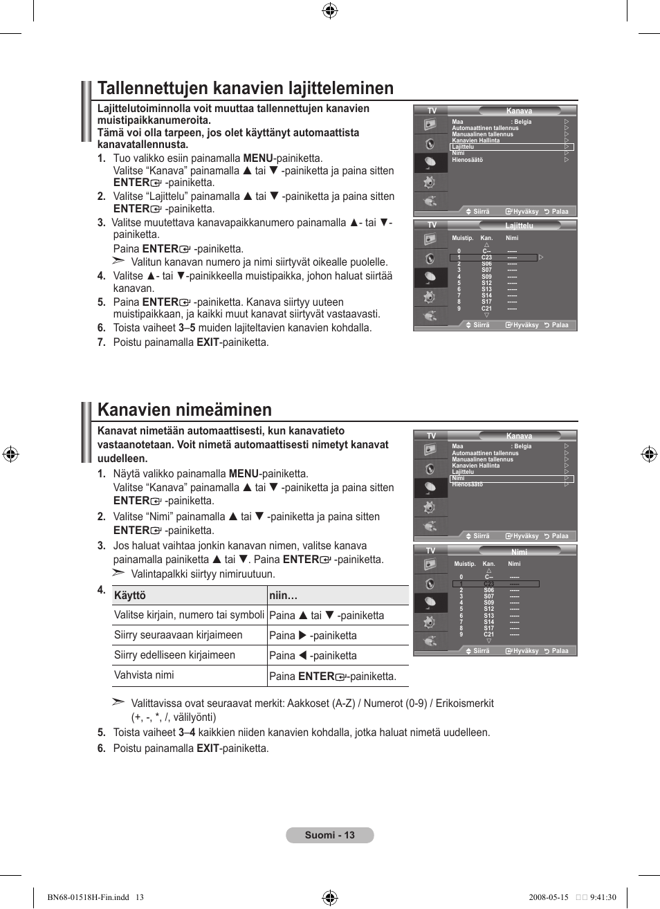 Tallennettujen kanavien lajitteleminen, Kanavien nimeäminen | Samsung BN68-01518H-00 User Manual | Page 155 / 177