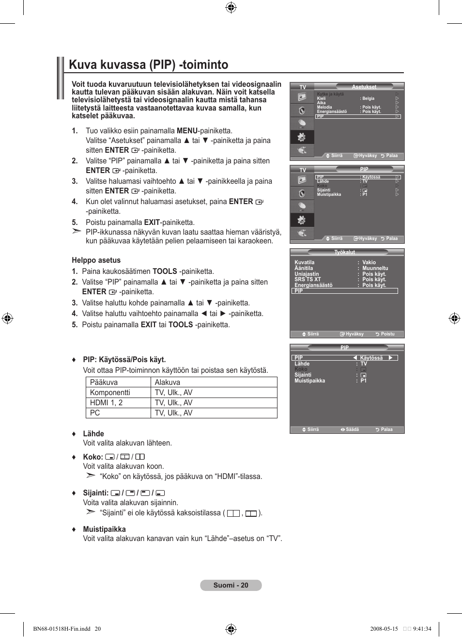 Kuva kuvassa (pip) -toiminto | Samsung BN68-01518H-00 User Manual | Page 162 / 177