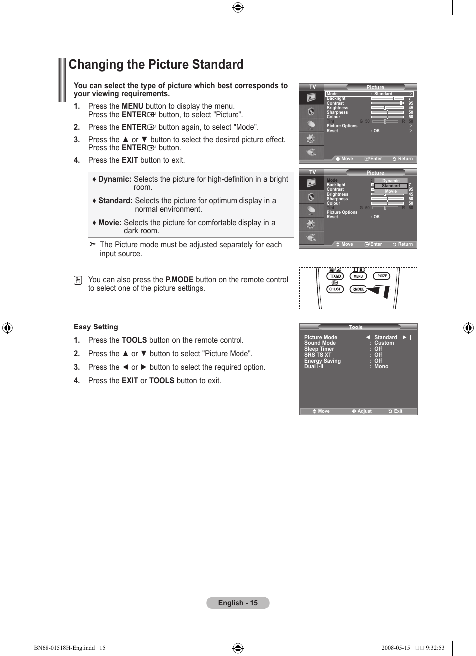 Setting the picture, Changing the picture standard | Samsung BN68-01518H-00 User Manual | Page 17 / 177