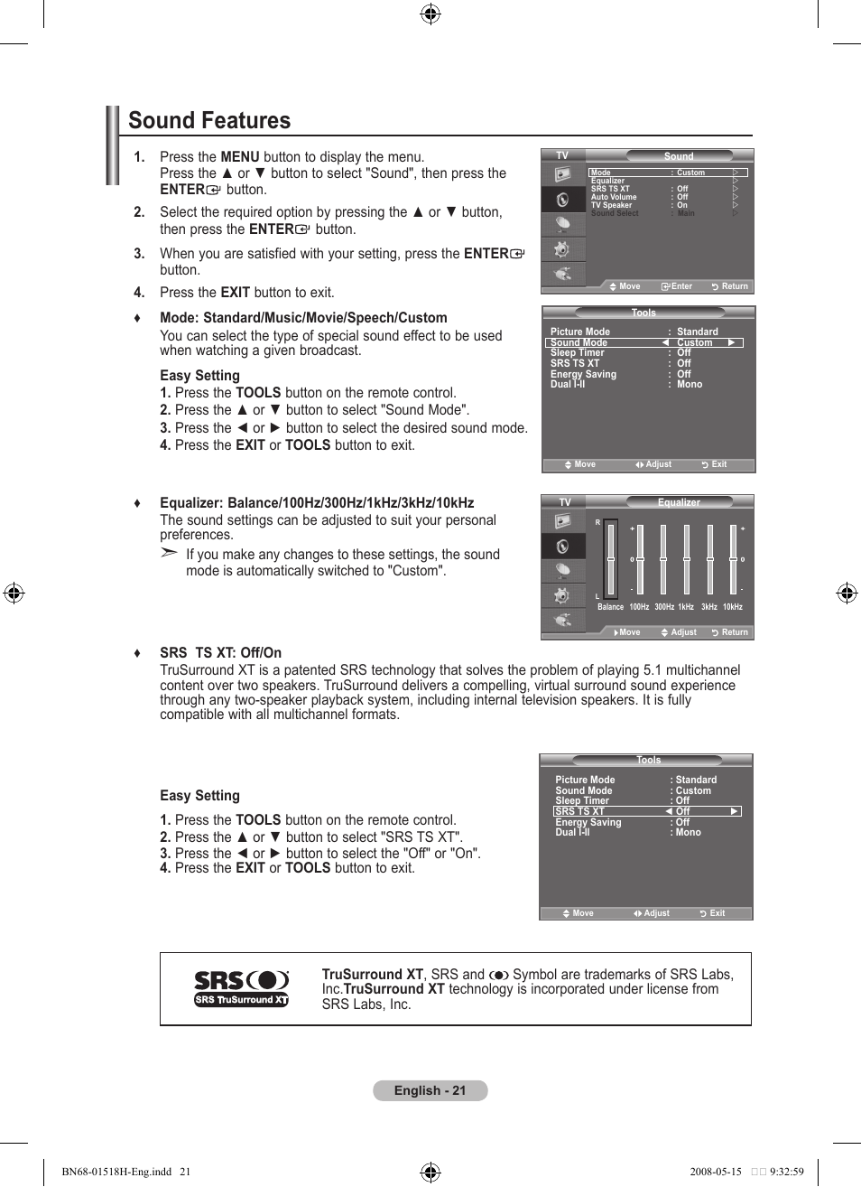 Setting the sound, Sound features | Samsung BN68-01518H-00 User Manual | Page 23 / 177