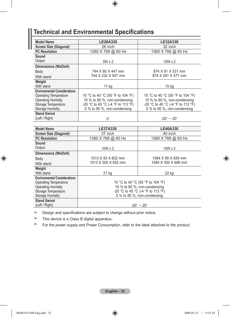 Technical and environmental specifications | Samsung BN68-01518H-00 User Manual | Page 35 / 177