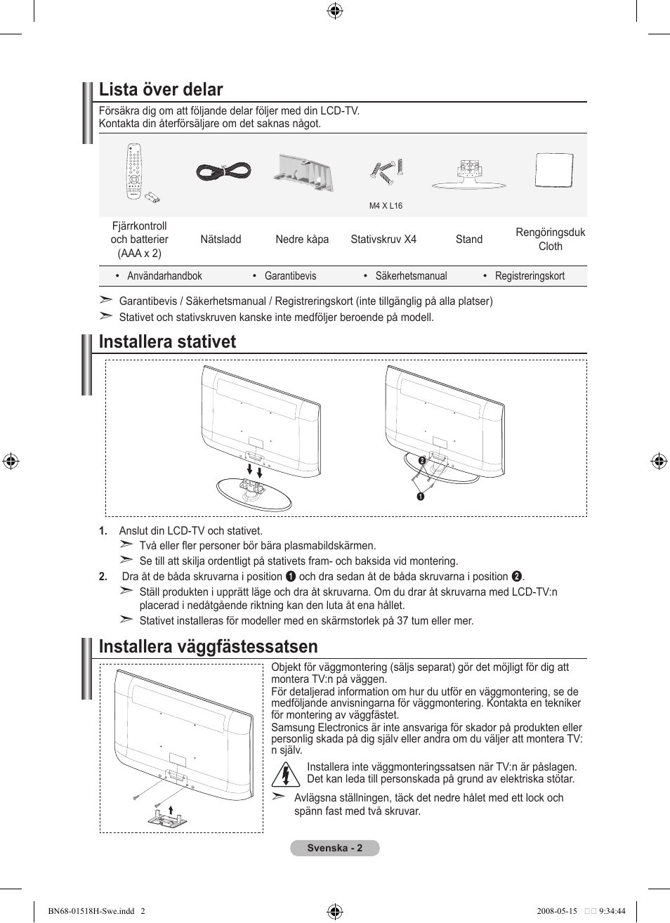 Lista över delar, Installera väggfästessatsen, Installera stativet | Samsung BN68-01518H-00 User Manual | Page 39 / 177