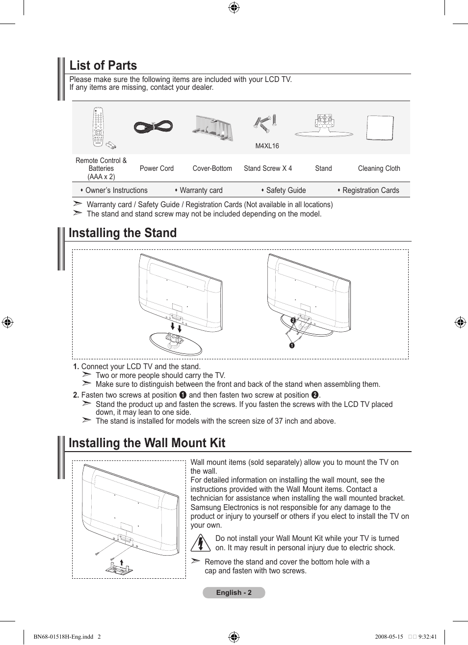 Connecting and preparingreparing your tv, List of parts, Installing the stand | Installing the wall mount kit, Installing the stand installing the wall mount kit | Samsung BN68-01518H-00 User Manual | Page 4 / 177