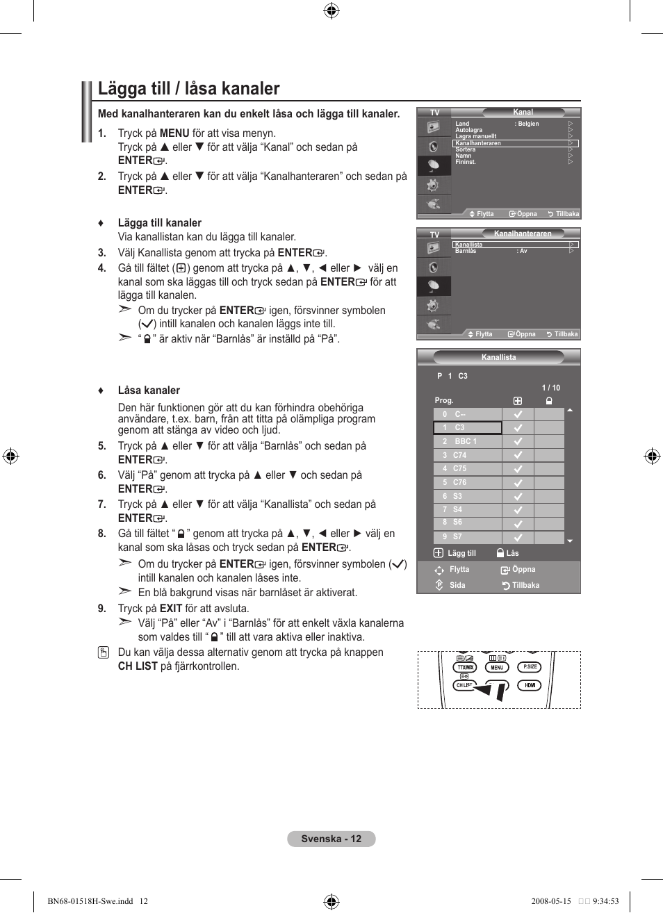 Lägga till / låsa kanaler | Samsung BN68-01518H-00 User Manual | Page 49 / 177