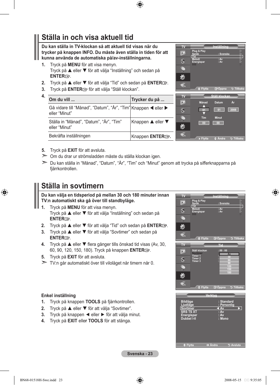 Ställa in sovtimern, Ställa in och visa aktuell tid | Samsung BN68-01518H-00 User Manual | Page 60 / 177