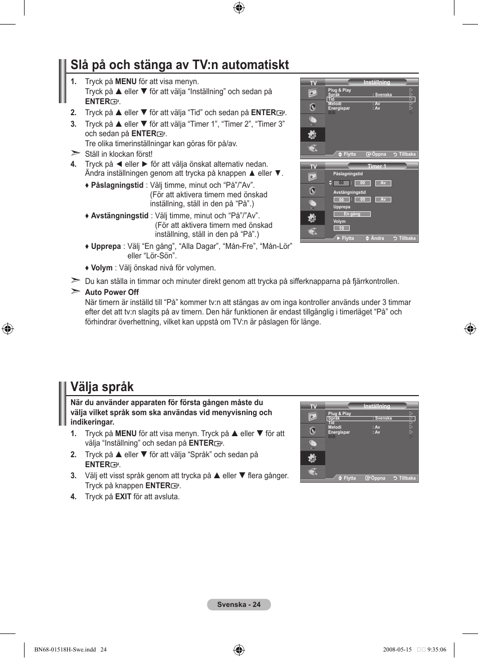 Välja språk, Slå på och stänga av tv:n automatiskt | Samsung BN68-01518H-00 User Manual | Page 61 / 177